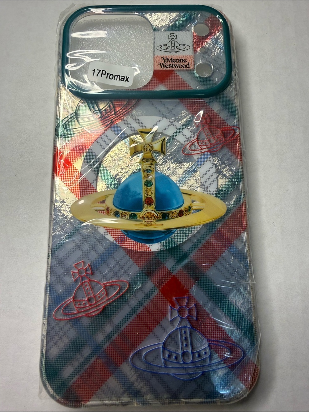 Vivienne Westwood Red & Blue Plaid iPhone 17 Pro Max Case with Gold Planet Motif